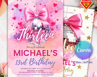 Disco Ball Coquette Birthday Invitation, Pink Bow Ribbon Theme Party, Teen Dance Invite, Instant Digital Download Editable Canva Template