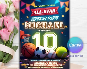 Sports Birthday Invitation Baseball Basketball Football Printable Sports Theme Invitation Template Ball Sports Birthday Party Invitation