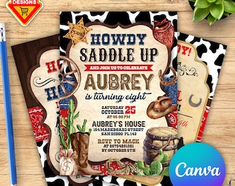 Cowboy Birthday party Invitation Template, Country Western Party Invitation, Rustic Country Boots and Hat Wood, Instant Download CANVA