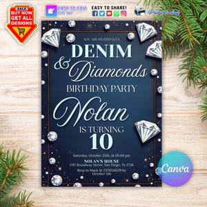 Puede incluir: Una invitación azul marino para una fiesta de cumpleaños "Denim & Diamonds". La invitación presenta ilustraciones de diamantes y gemas, con el texto "Nolan cumple 10 años". Incluye detalles del evento y un logotipo de Canva.