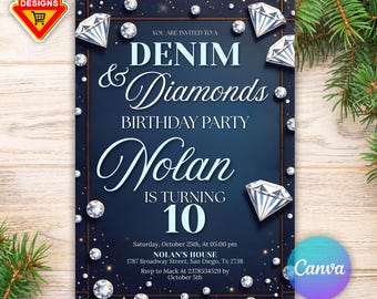 Denim and Diamonds Birthday invitation, Editable Denim Birthday Dinner Invites, denim and diamonds Party Invite, Canva Template