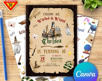 May include: A printable invitation for a 10th birthday party with a Harry Potter theme. The invitation features a cartoon illustration of Hogwarts castle, a witch, and a wizard. The text reads "Calling all Witches & Wizards, Chelsea is turning 10".