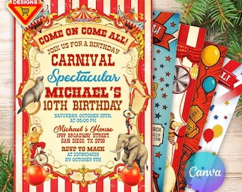 Carnaval verjaardagsuitnodiging, carnaval verjaardagsfeestje, circusverjaardagsuitnodiging, carnavalsuitnodiging, carnavalscircus, bewerkbaar canvas