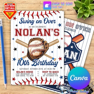 Invito di compleanno di baseball modificabile, inviti per feste di baseball, inviti di baseball con download immediato, invito di baseball CANVA stampabile