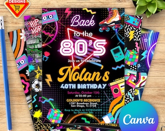 Editable 80s Birthday Party Invitation, Back To The 80s, Throwback Party, Neon Party, Glow Dance, 2000s Birthday, CANVA text editable