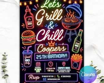 Let's Grill And Chill Birthday Invitation, Editable Neon BBQ Party Invite, Adult Birthday Backyard Cookout Template, Digital Printable