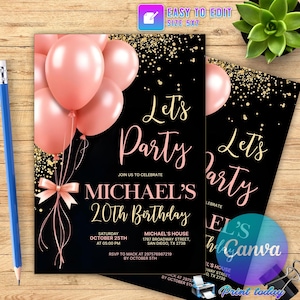 Editable Rose Gold Birthday Invitation, Glitter Balloons Birthday Invitation, Let's Party Rose Gold Balloons Invite Rose Gold Balloon Invite
