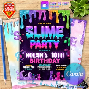 Schleim-Geburtstagseinladung, EDITIERBARE Neon Glow Slime Party Einladungsvorlage, Mädchen-Geburtstagsfeier, Glitzer Slime Zeit, Sofortiger Download CANVA