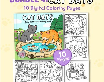 Cat Days | Bundle 4: Cute Relaxing Cat Coloring Pages for Adults and Teens Printable PDF Instant Digital Download