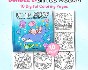 Pequeño Océano / Paquete 2: Dibujos para colorear del océano fáciles y atrevidos para adultos y adolescentes. Imprimibles, lindos y relajantes. Descarga digital instantánea en PDF.