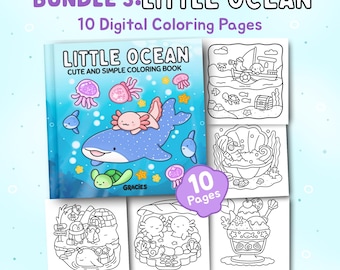 Pequeño Océano / Paquete 3: Dibujos para colorear del océano, fáciles y atrevidos, para adultos y adolescentes. Imprimibles, lindos y relajantes. Descarga digital instantánea en PDF.