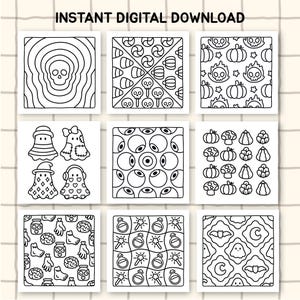May include: A set of nine black and white digital coloring pages featuring Halloween themes including skulls, ghosts, eyeballs, pumpkins, mushrooms, potions, and bats. The text INSTANT DIGITAL DOWNLOAD is displayed at the top of the image.
