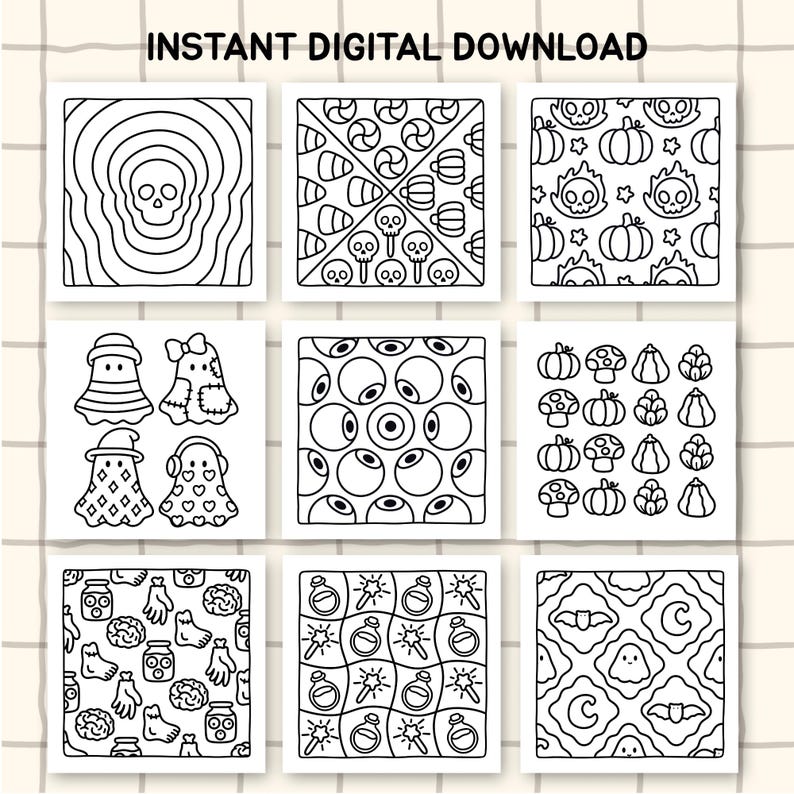 May include: A set of nine black and white digital coloring pages featuring Halloween themes including skulls, ghosts, eyeballs, pumpkins, mushrooms, potions, and bats. The text INSTANT DIGITAL DOWNLOAD is displayed at the top of the image.