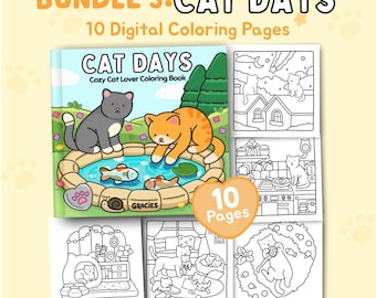 Cat Days | Bundle 3: Cute Relaxing Cat Coloring Pages for Adults and Teens Printable PDF Instant Digital Download