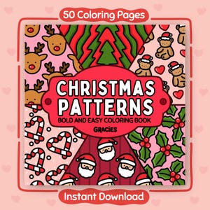 May include: A square book cover with the text "Christmas Patterns" and "50 Coloring Pages." The cover features various Christmas-themed patterns, including reindeer, Christmas trees, and Santa Claus faces. The words "Bold and Easy Coloring Book" are also present.