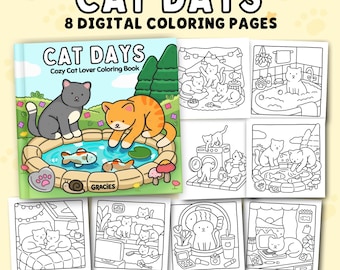 Cat Days Coloring Book, Cute and Relaxing Scenes for Cat Lovers, Printable Instant Digital Download PDF Coloring Pages for Adults and Teens