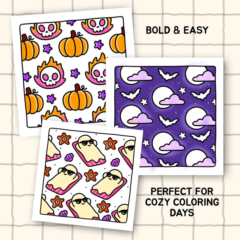 May include: Three square coloring pages featuring repeating patterns. One shows orange pumpkins, skulls with pink flames, and purple stars. Another displays white bats, moons, and pink clouds on a purple background. The third shows ghosts on floats.