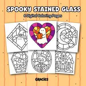 May include: Six digital coloring pages titled Spooky Stained Glass by Gracies. The collection features black and white line art of ghosts, bats, a skull, and a haunted house, plus one colored heart-shaped design with a ghost holding a pumpkin.
