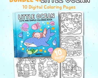 Pequeño Océano / Paquete 4: Dibujos para colorear del océano, fáciles y atrevidos, para adultos y adolescentes. Imprimibles, lindos y relajantes. Descarga digital instantánea en PDF.