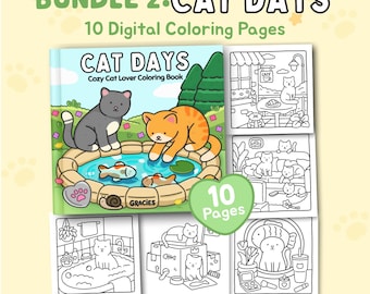 Cat Days | Bundle 2: Cute Relaxing Cat Coloring Pages for Adults and Teens Printable PDF Instant Digital Download