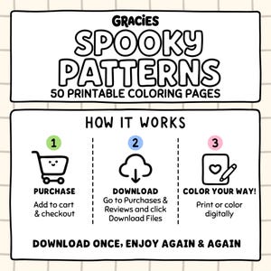 May include: A digital graphic titled Gracies Spooky Patterns 50 Printable Coloring Pages. It outlines a three-step process: 1 Purchase, 2 Download, and 3 Color Your Way, with icons for a shopping cart, a cloud with an arrow, and a heart page.