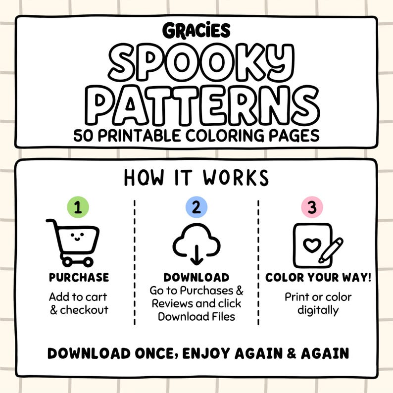 May include: A digital graphic titled Gracies Spooky Patterns 50 Printable Coloring Pages. It outlines a three-step process: 1 Purchase, 2 Download, and 3 Color Your Way, with icons for a shopping cart, a cloud with an arrow, and a heart page.