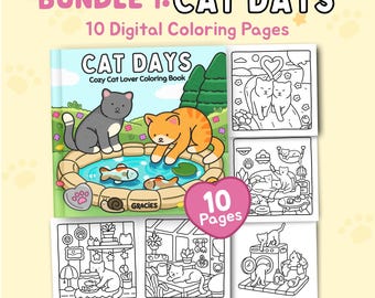 Cat Days | Bundle 1: Cute Relaxing Cat Coloring Pages for Adults and Teens Printable PDF Instant Digital Download