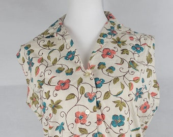 Vtg 1960s Button-up sleeveless blouse in blue and pink Floral print medium large