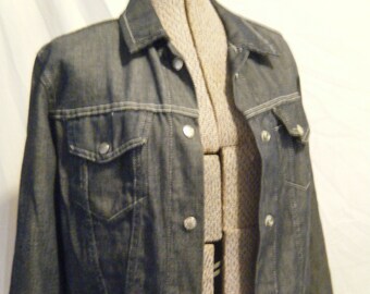 Vtg 1970s Dark Blue denim Jacket w/ white Stitching Lightweight size Medium work wear