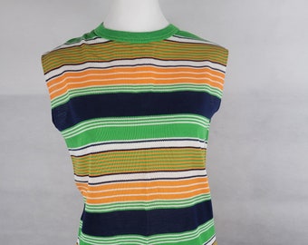 Vtg 1960s sleeveless top in blue, green, and orange stripes Medium