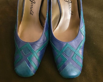 Vtg 1960s Geometric Blue Green Leather Slingback Heels 6 M