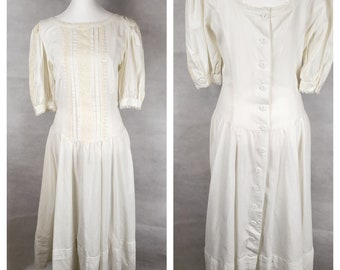 Vtg 1980s GUNNE SAX dropwaist linen dress with buttons up the back small