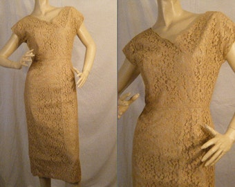 Vtg 1960s Lace overlay Wiggle Dress in Clay Small