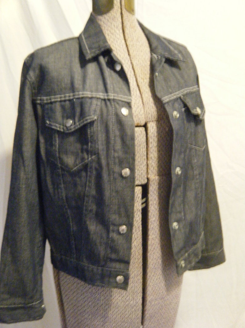 Vtg 1970s Dark Blue denim Jacket w/ white Stitching Lightweight size Medium work wear image 1