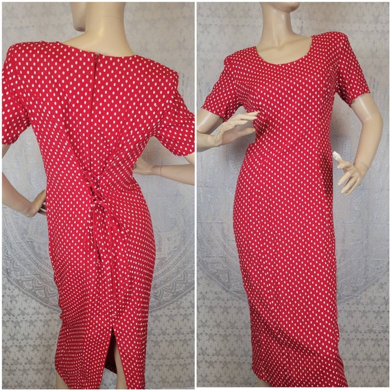 Vtg 1990s Corset Back dress in Red with white pol… - image 1