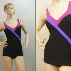 Vtg 70s 80s One piece colorblock Swim suit with skirted bottom small Medium image 1