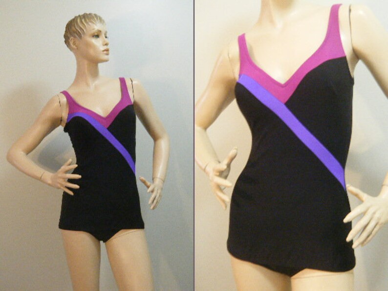 Vtg 70s 80s One piece colorblock Swim suit with skirted bottom small Medium image 1