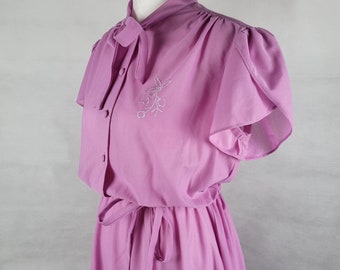 Vtg 1970s 80s Purple semi-sheer Puff sleeve Secretary dress Small medium