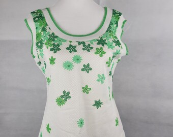 Vtg 1960s CATALINA sleeveless top in Green floral print Medium large