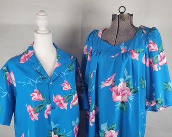 Vtg 1980s Hawaiian print Maxi dress and Men's shirt set Medium Helena's