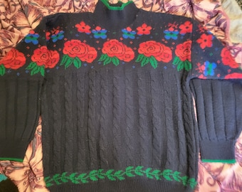 Vtg 1980s Navy Blue Rose sweater small medium