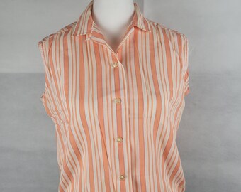 Vtg 1960s Button-up sleeveless blouse in Orange and cream Stripes small