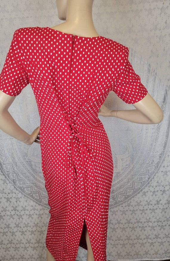 Vtg 1990s Corset Back dress in Red with white pol… - image 3