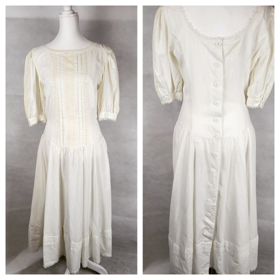 Vtg 1980s GUNNE SAX dropwaist linen dress with bu… - image 1