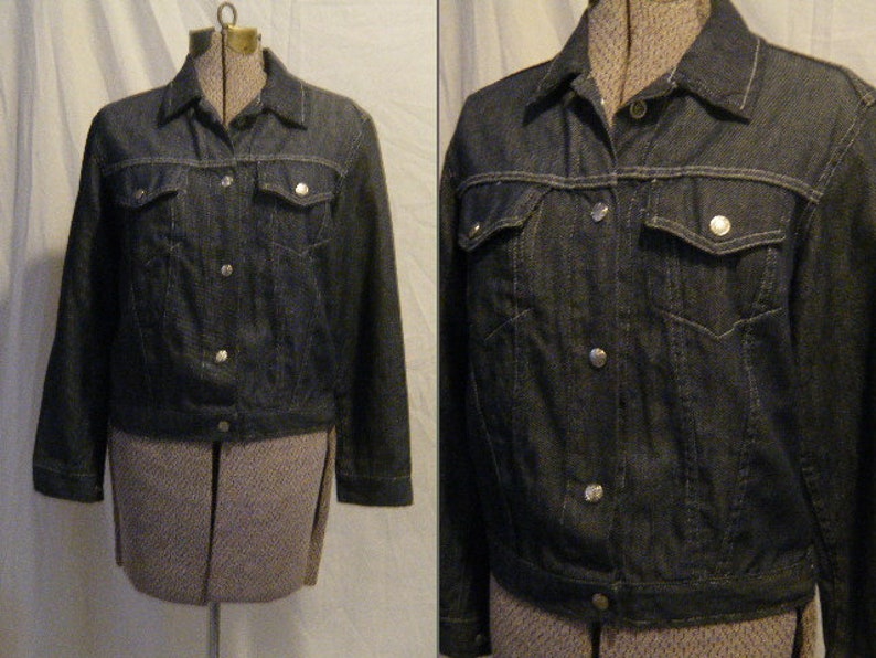 Vtg 1970s Dark Blue denim Jacket w/ white Stitching Lightweight size Medium work wear image 3