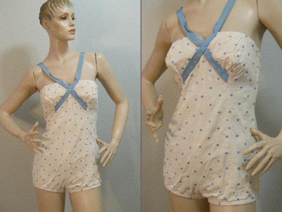 Vtg 1940s one piece Swim suit with embroidered pol