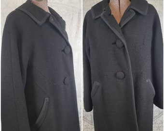 Vtg 1960s Black Wool swing coat with huge buttons Large