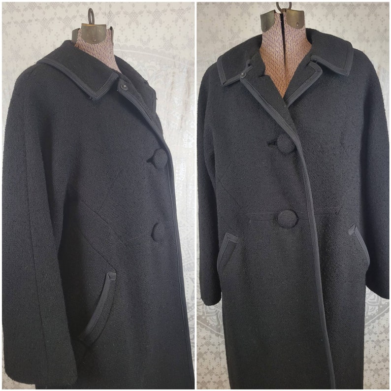 Vtg 1960s Black Wool swing coat with huge buttons Large image 1