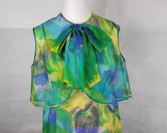 Vtg 1960s Peacock Floral shift dress with capelet Medium