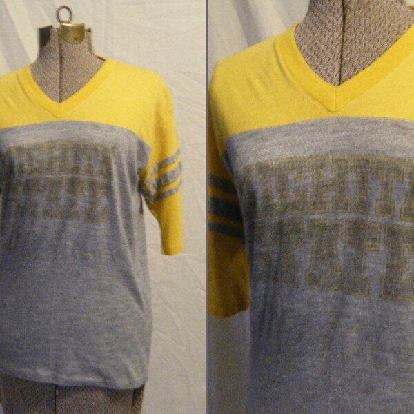 Vtg 70s 80s Wichita State Ringer Tee by Logo-7 sz Medium Worn cotton-poly blend